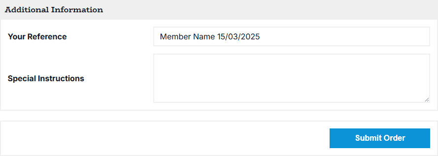 Example of correct way to include member name and date in order reference